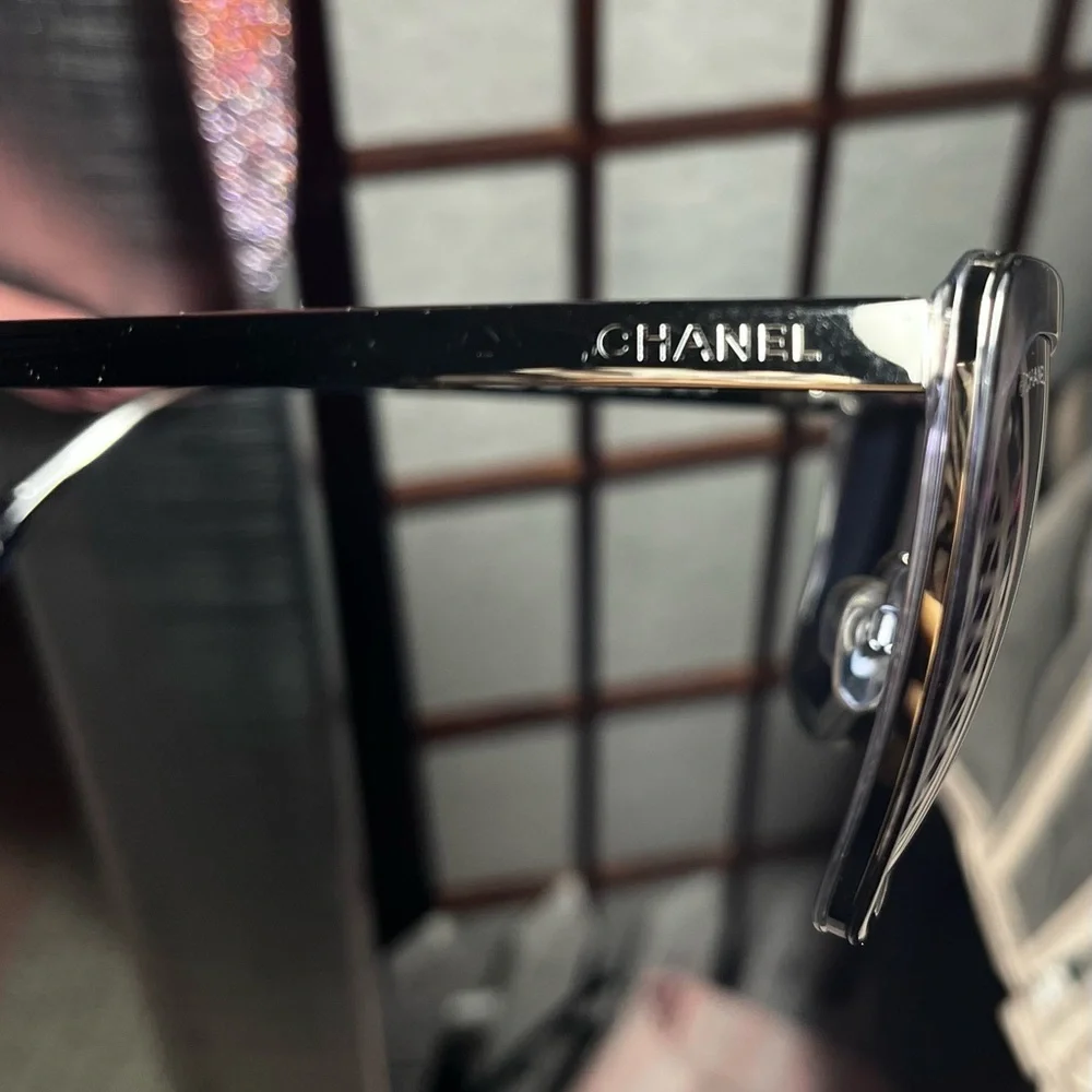 CHANEL Black Frame Blue Lens Oversized Sunglasses